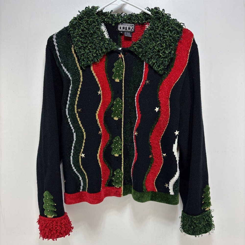 VTG Berek 2 Christmas‎ Cardigan Sweater Womens Size S Trees Stars Ugly Sweater
